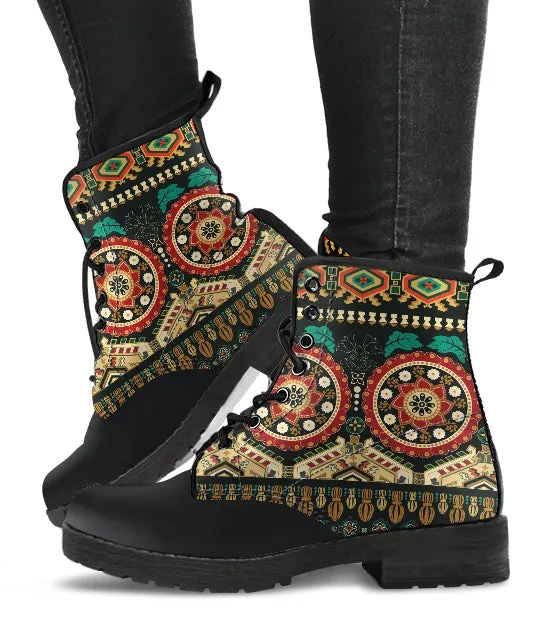Black Pattern Women's Vegan Leather Combat Boots