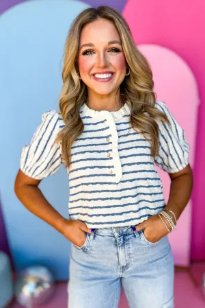 Blue Striped Ruffled Neck Button Front Knit Top
