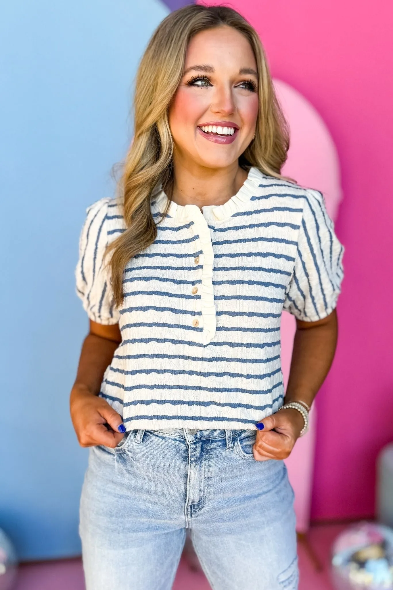 Blue Striped Ruffled Neck Button Front Knit Top
