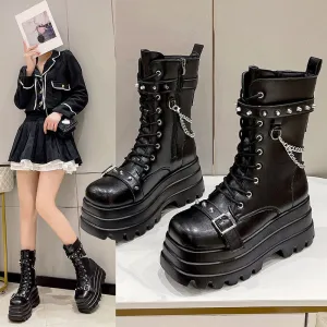 Chunky Women’s Punk Style Mid Length Boots with Studs and Chains