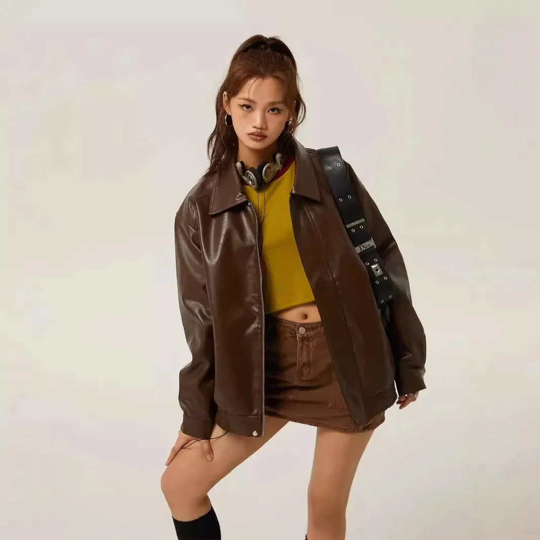 cold weather outfits Joskaa 2024 New Style American Vintage Brown Motorcycle Leather Jacket For Women Loose Fit Square Collar Trendy Padded PU Jacket