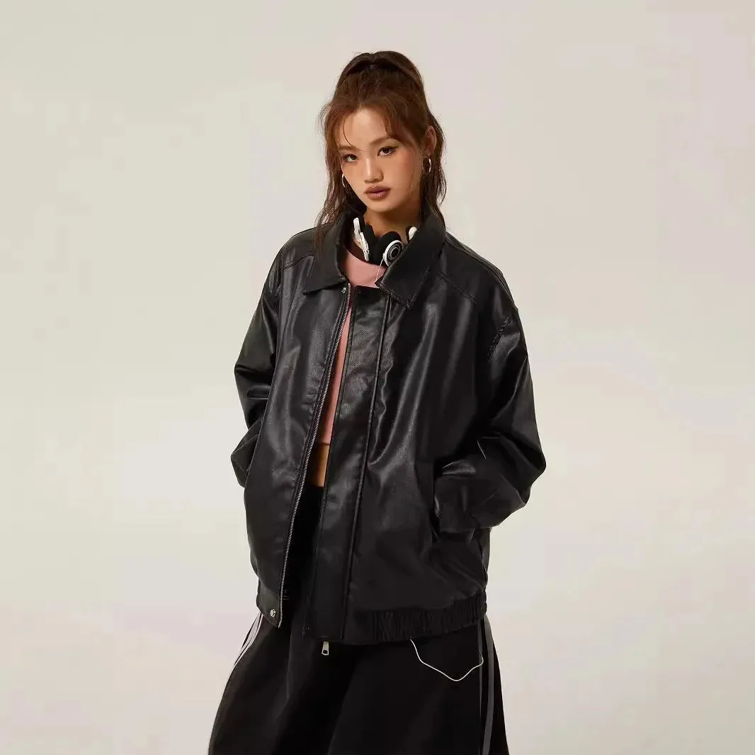 cold weather outfits Joskaa 2024 New Style American Vintage Brown Motorcycle Leather Jacket For Women Loose Fit Square Collar Trendy Padded PU Jacket