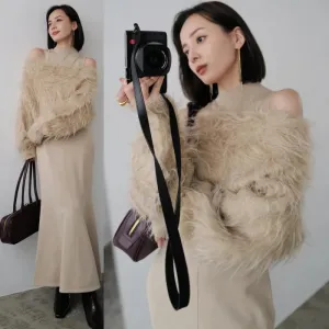 cold weather outfits Joskaa Autumn/Winter Star Style Faux Fur Knit Jacket With Long Dress 2-Piece Set Genuine Leather Coat Warm And Stylish For Cold Weather