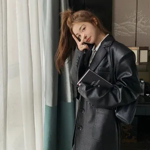 cold weather outfits Joskaa BlackPU Leather Suit Jacket Women's 2024 Spring Autumn New Style HongKong Vintage Casual Street Western-Style Clothes Top Leathe