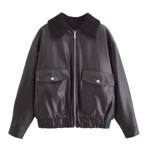 cold weather outfits Joskaa European Style Lamb Wool Jacket PU Leather Integrated Lapel Long Sleeve Loose Fit Cross-Border Interior Short Coat 3046519