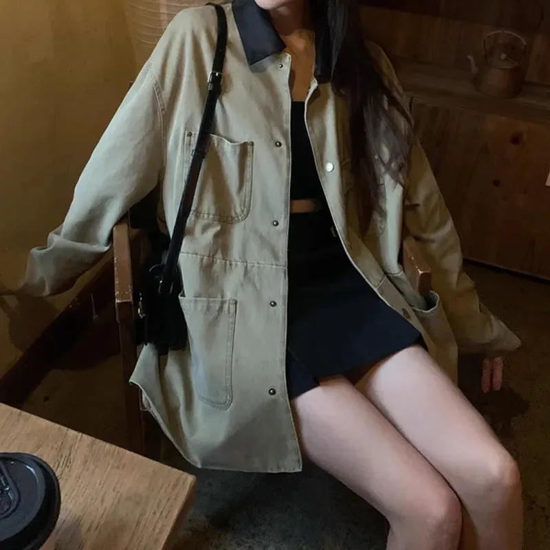 cold weather outfits Joskaa Jin Qian Women's Long Sleeve Denim Jacket Loose Fit Color Blocking Leather Collar Street Style For Autumn New Arrival