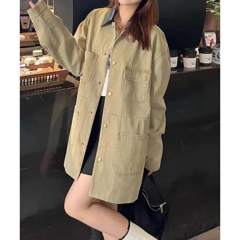 cold weather outfits Joskaa Jin Qian Women's Long Sleeve Denim Jacket Loose Fit Color Blocking Leather Collar Street Style For Autumn New Arrival