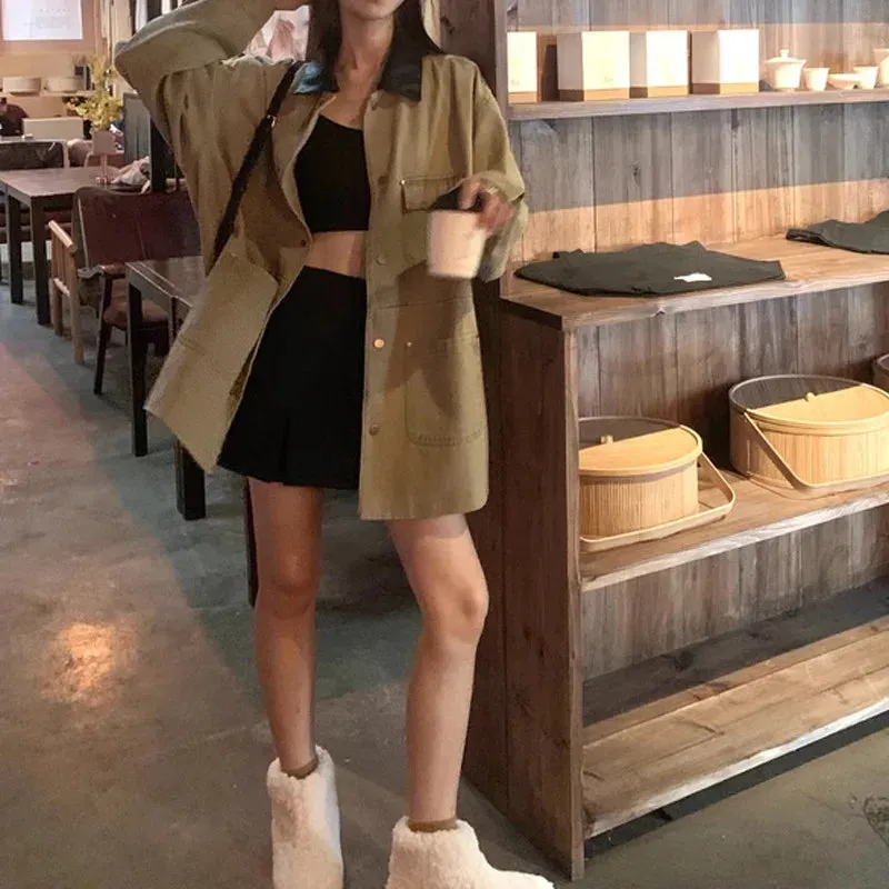 cold weather outfits Joskaa Jin Qian Women's Long Sleeve Denim Jacket Loose Fit Color Blocking Leather Collar Street Style For Autumn New Arrival