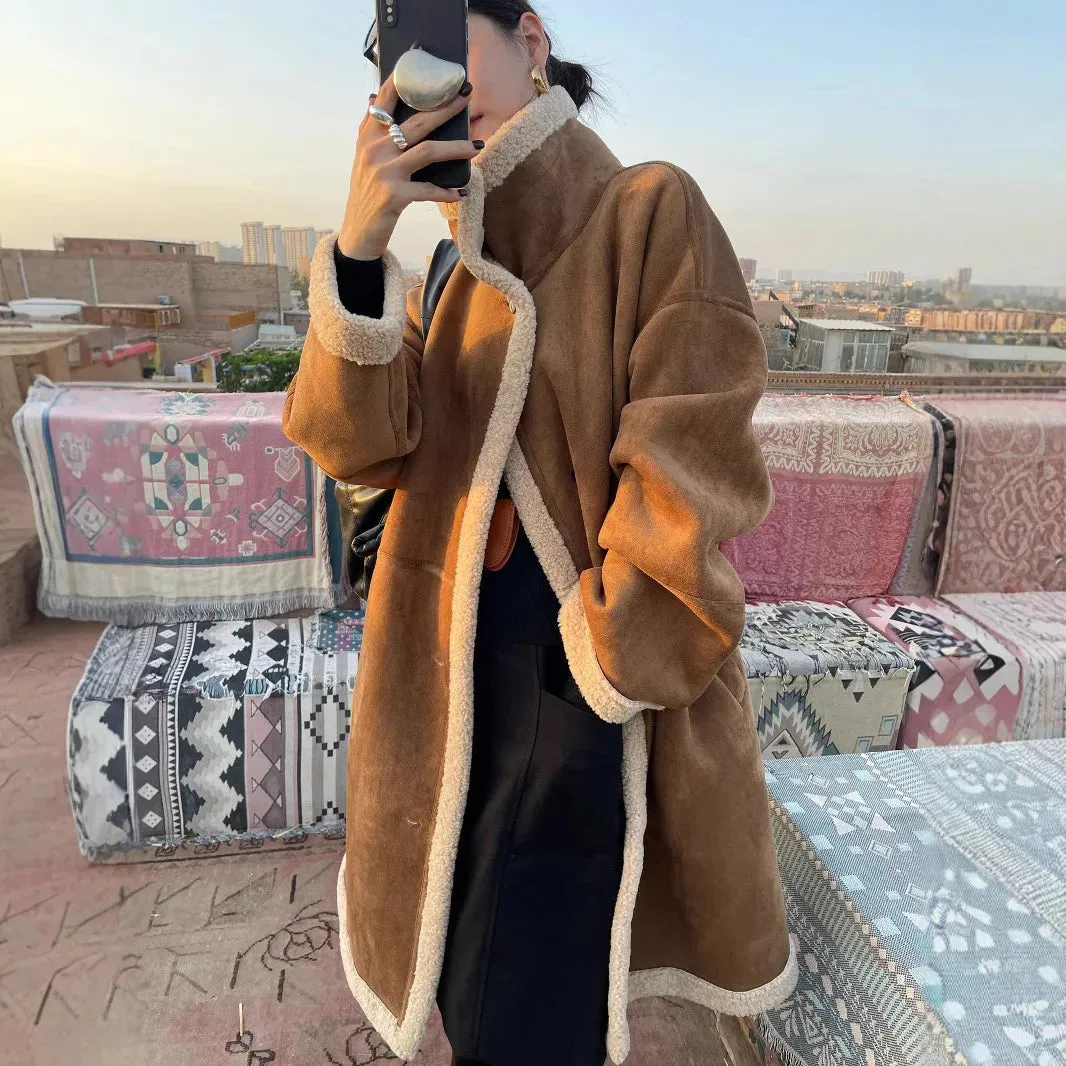 cold weather outfits Joskaa Maillard Popular Color 2024 Autumn/Winter Niche Design Leather Integrated Lamb Wool Long Warm Jacket Chinese Mainland Origin