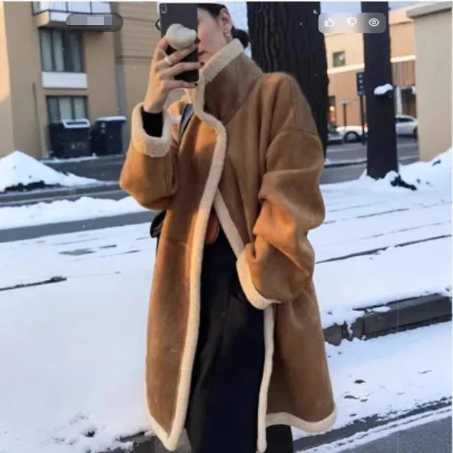 cold weather outfits Joskaa Maillard Popular Color 2024 Autumn/Winter Niche Design Leather Integrated Lamb Wool Long Warm Jacket Chinese Mainland Origin