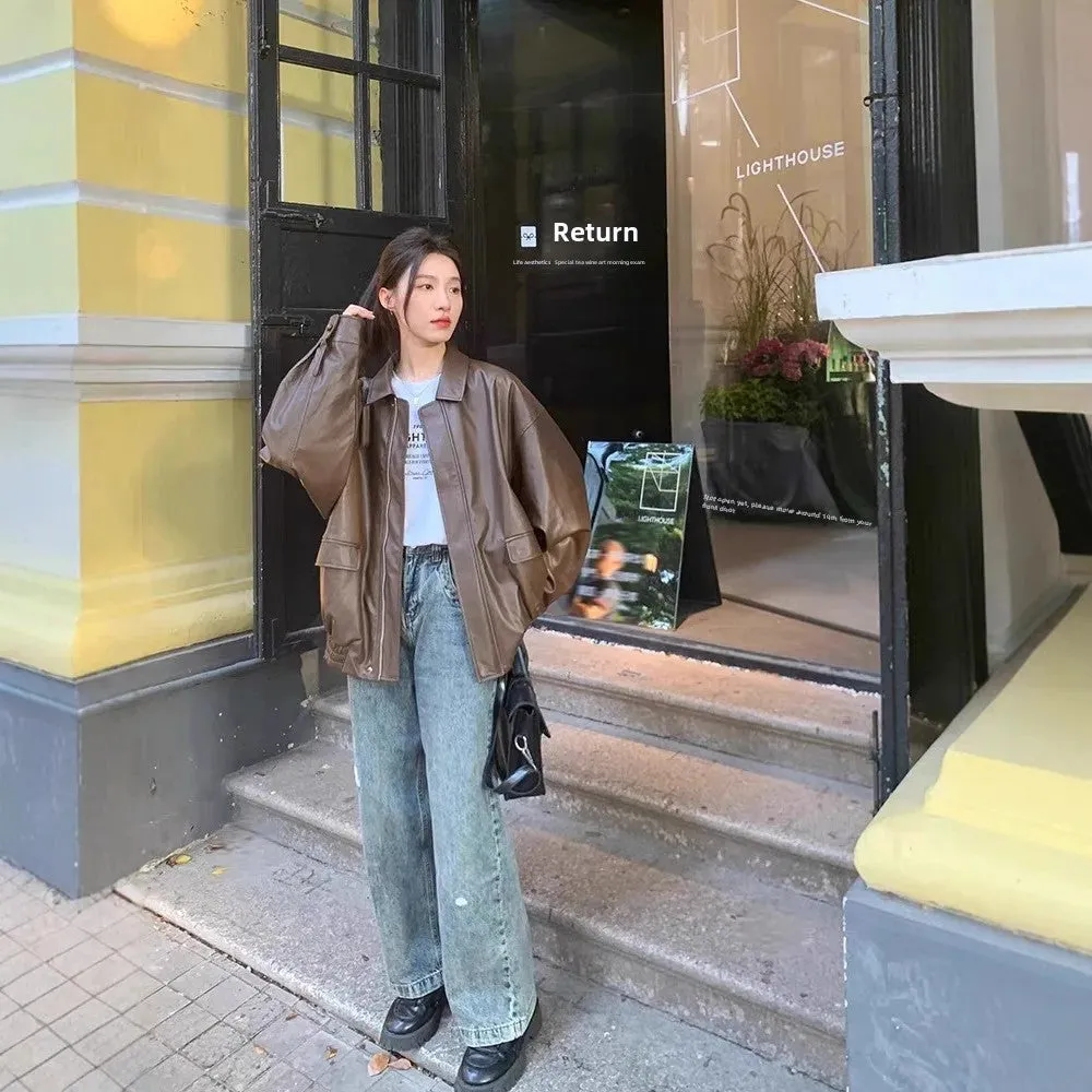 cold weather outfits Joskaa Vintage Brown Leather Women's Cropped Jacket Loose Fit Korean Style Motorcycle Jacket Stylish Petite Autumn 2024 New Arrival