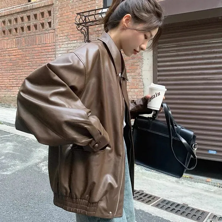 cold weather outfits Joskaa Vintage Brown Leather Women's Cropped Jacket Loose Fit Korean Style Motorcycle Jacket Stylish Petite Autumn 2024 New Arrival
