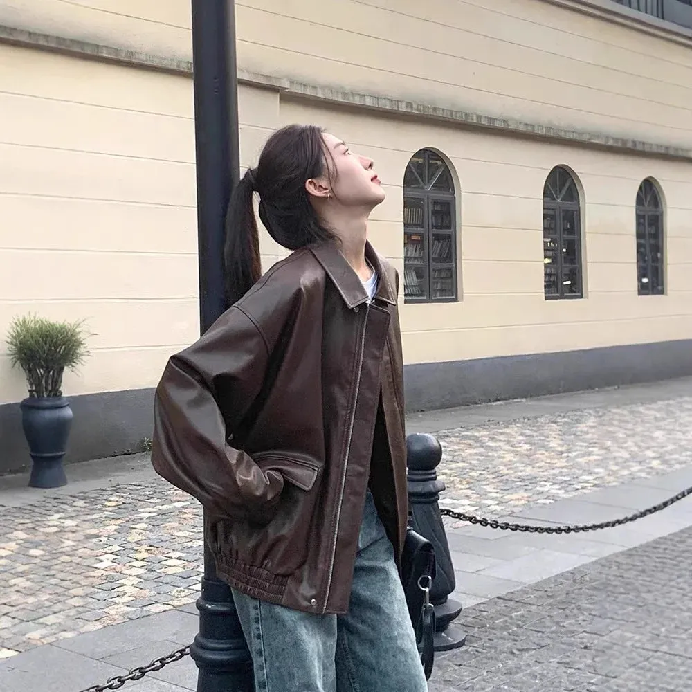 cold weather outfits Joskaa Vintage Brown Leather Women's Cropped Jacket Loose Fit Korean Style Motorcycle Jacket Stylish Petite Autumn 2024 New Arrival