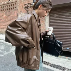 cold weather outfits Joskaa Vintage Brown Leather Women's Cropped Jacket Loose Fit Korean Style Motorcycle Jacket Stylish Petite Autumn 2024 New Arrival