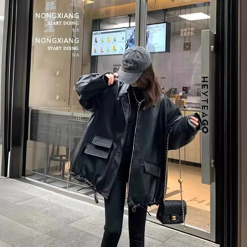 cold weather outfits Joskaa Women's Black Leather Jacket 2024 Spring Autumn New Style European Casual Pu Leather Top Cross-border Wholesale
