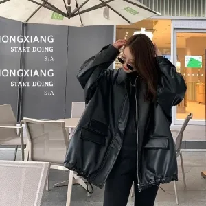cold weather outfits Joskaa Women's Black Leather Jacket 2024 Spring Autumn New Style European Casual Pu Leather Top Cross-border Wholesale
