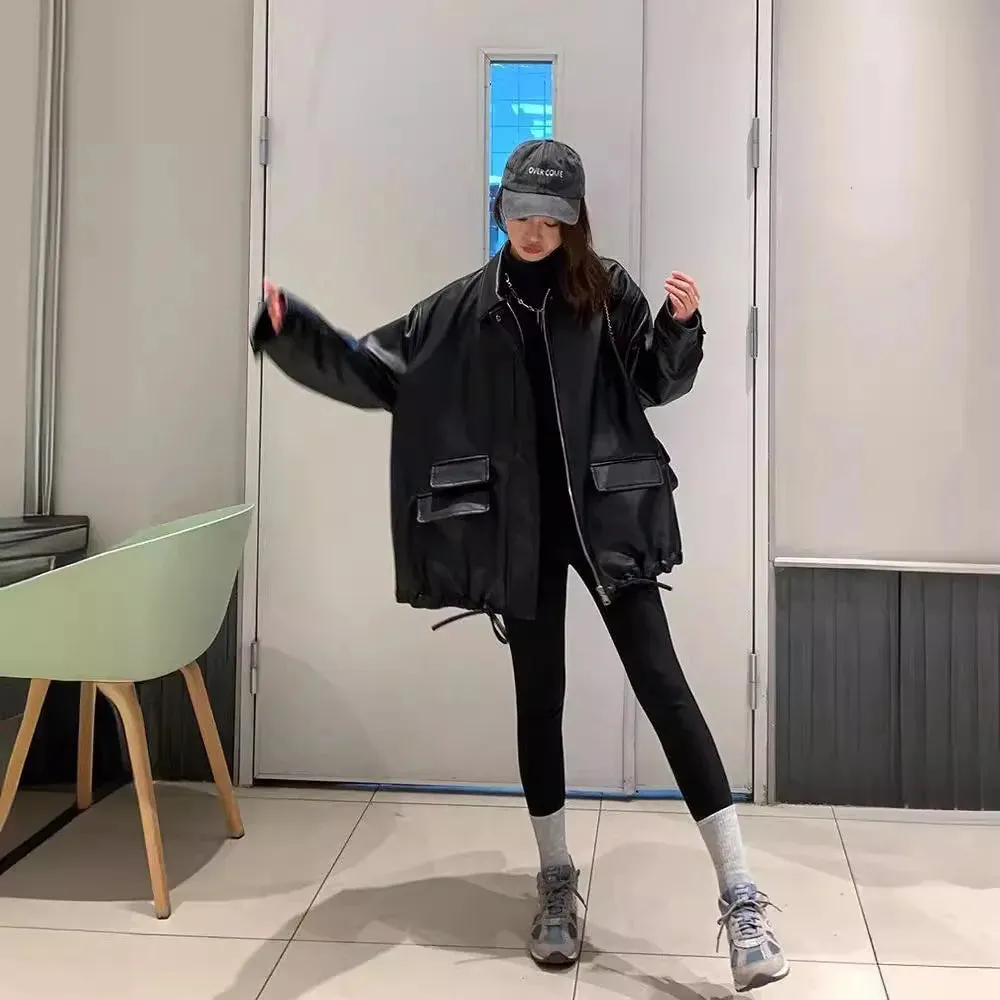 cold weather outfits Joskaa Women's Black Leather Jacket 2024 Spring Autumn New Style European Casual Pu Leather Top Cross-border Wholesale