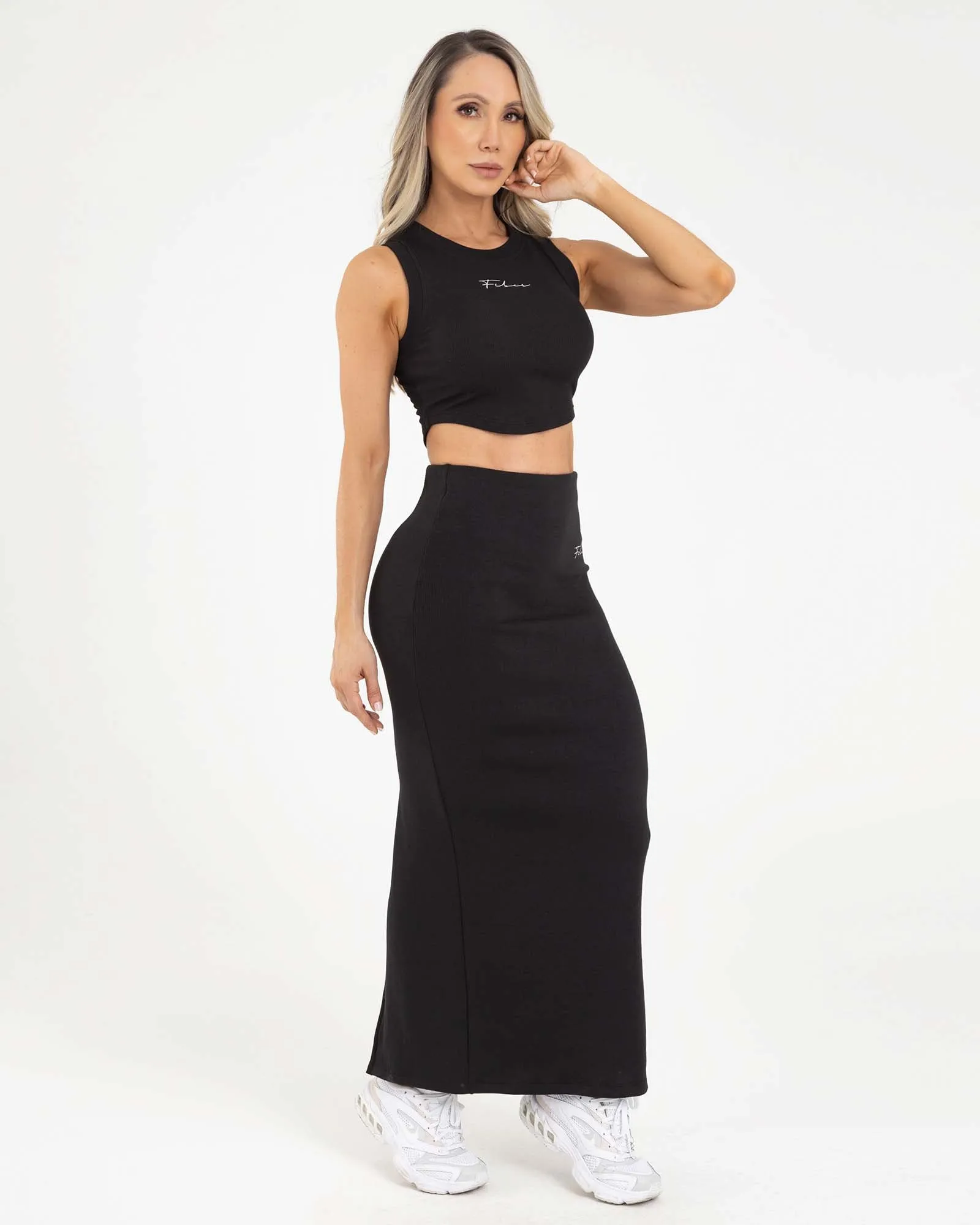 Falda larga casual streetwear negra sporty FIBER