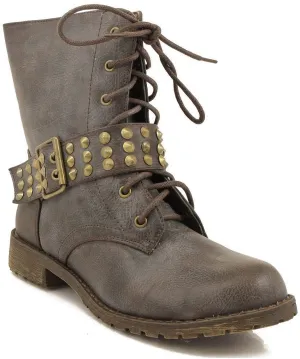 Harley-13 Brown Lace up Studded Spike Buckle Combat Boot