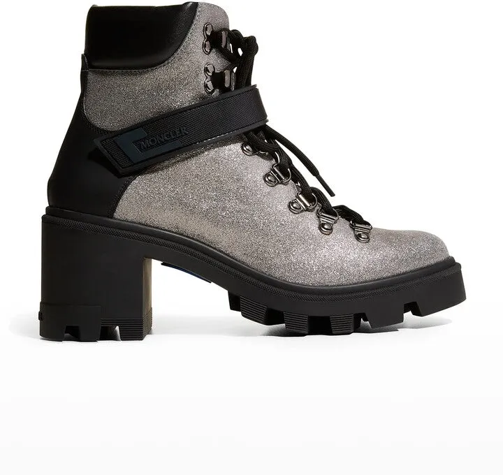 MONCLER CAROL SHIMMERY HEELED HIKING BOOTS
