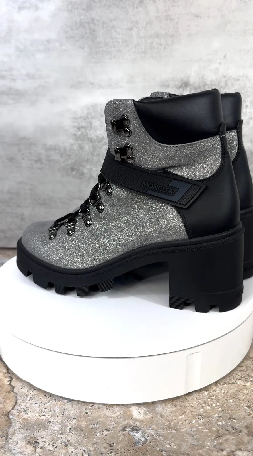 MONCLER CAROL SHIMMERY HEELED HIKING BOOTS