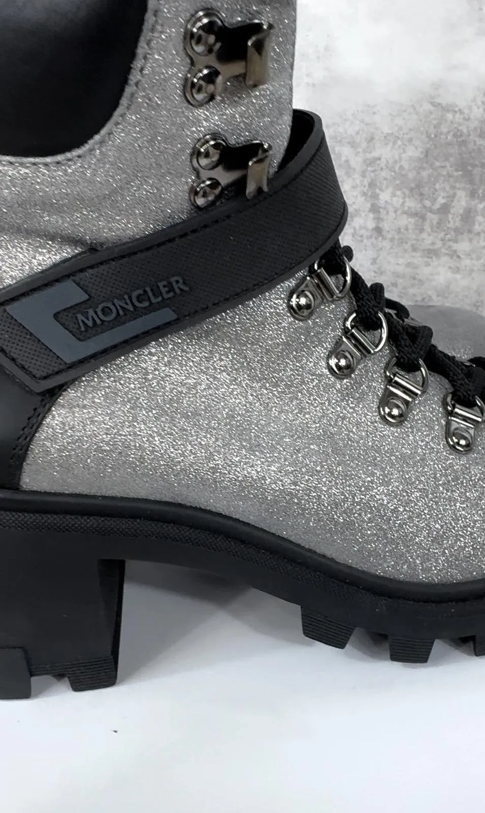 MONCLER CAROL SHIMMERY HEELED HIKING BOOTS