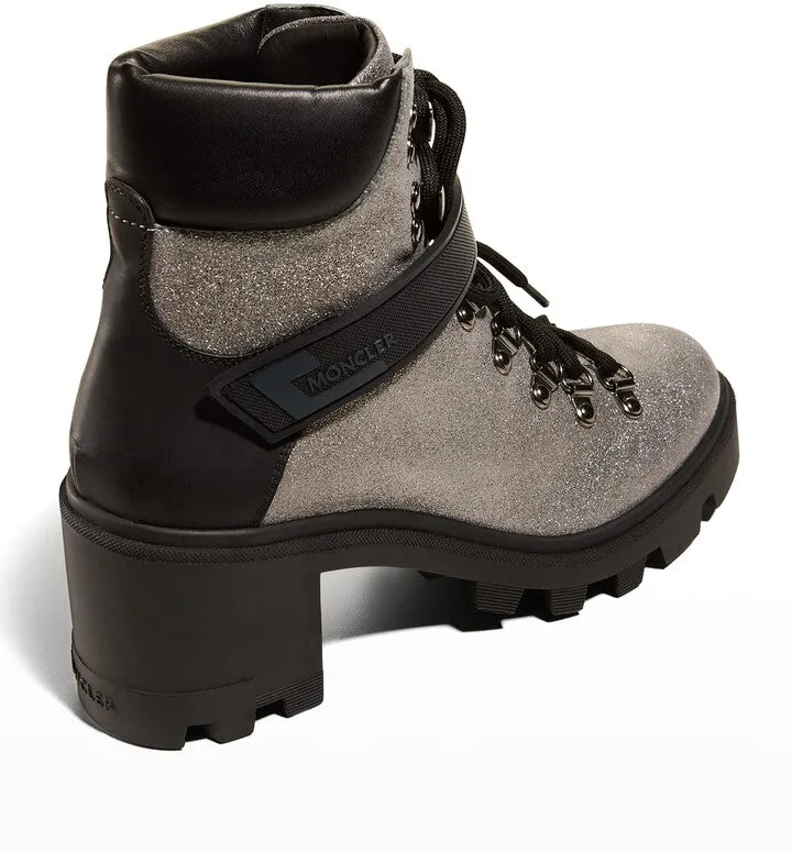 MONCLER CAROL SHIMMERY HEELED HIKING BOOTS