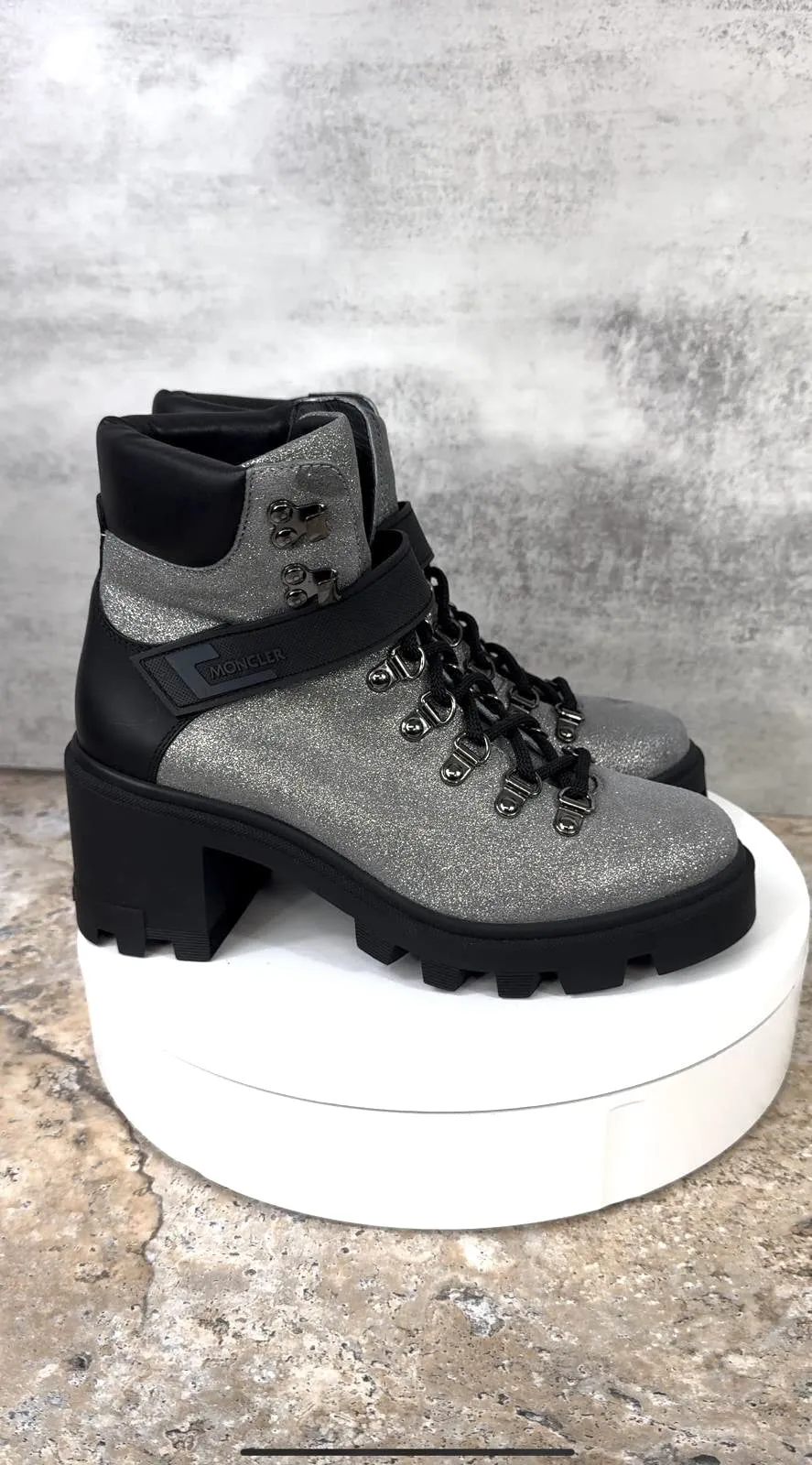 MONCLER CAROL SHIMMERY HEELED HIKING BOOTS