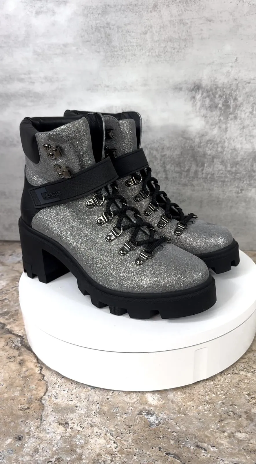 MONCLER CAROL SHIMMERY HEELED HIKING BOOTS