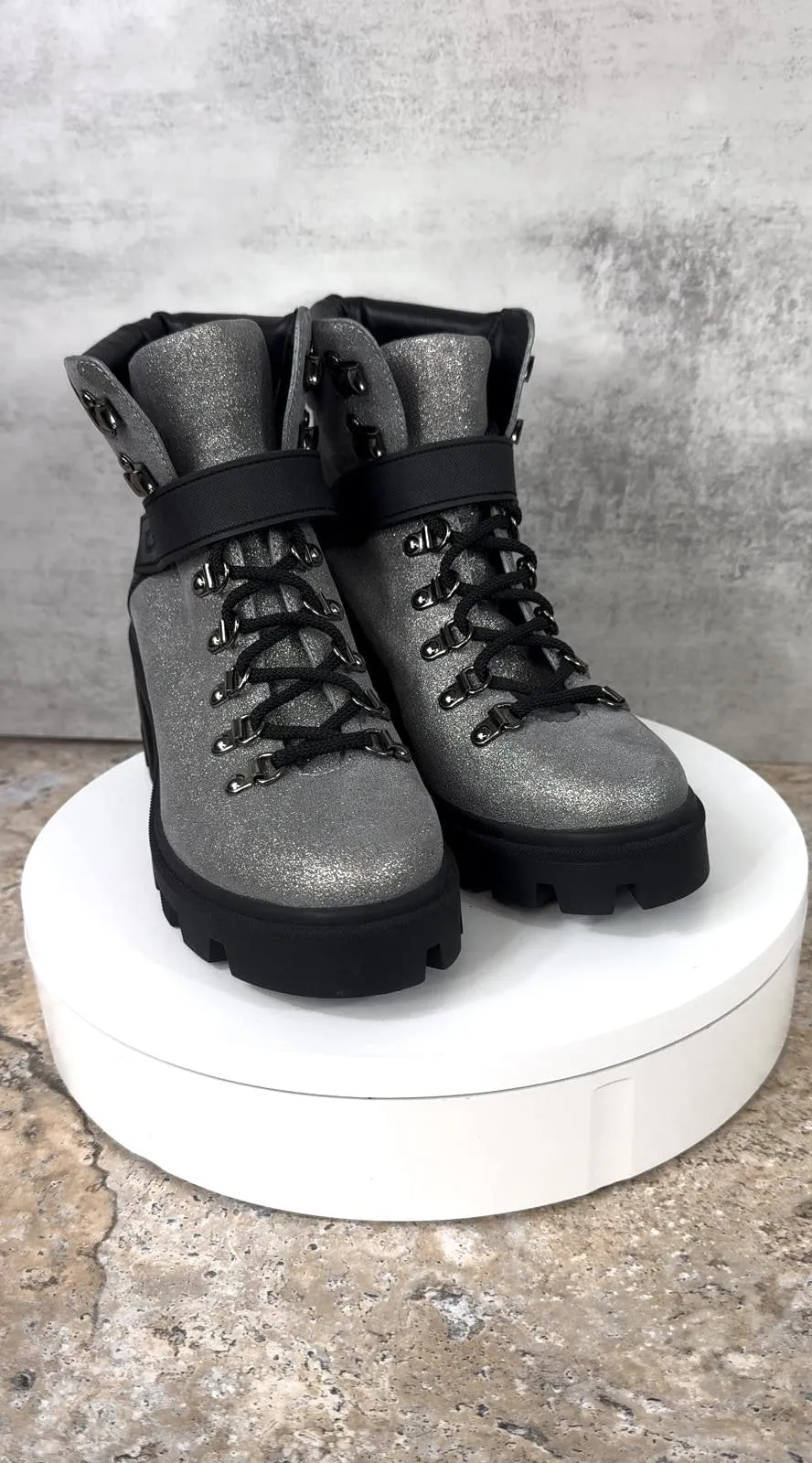 MONCLER CAROL SHIMMERY HEELED HIKING BOOTS