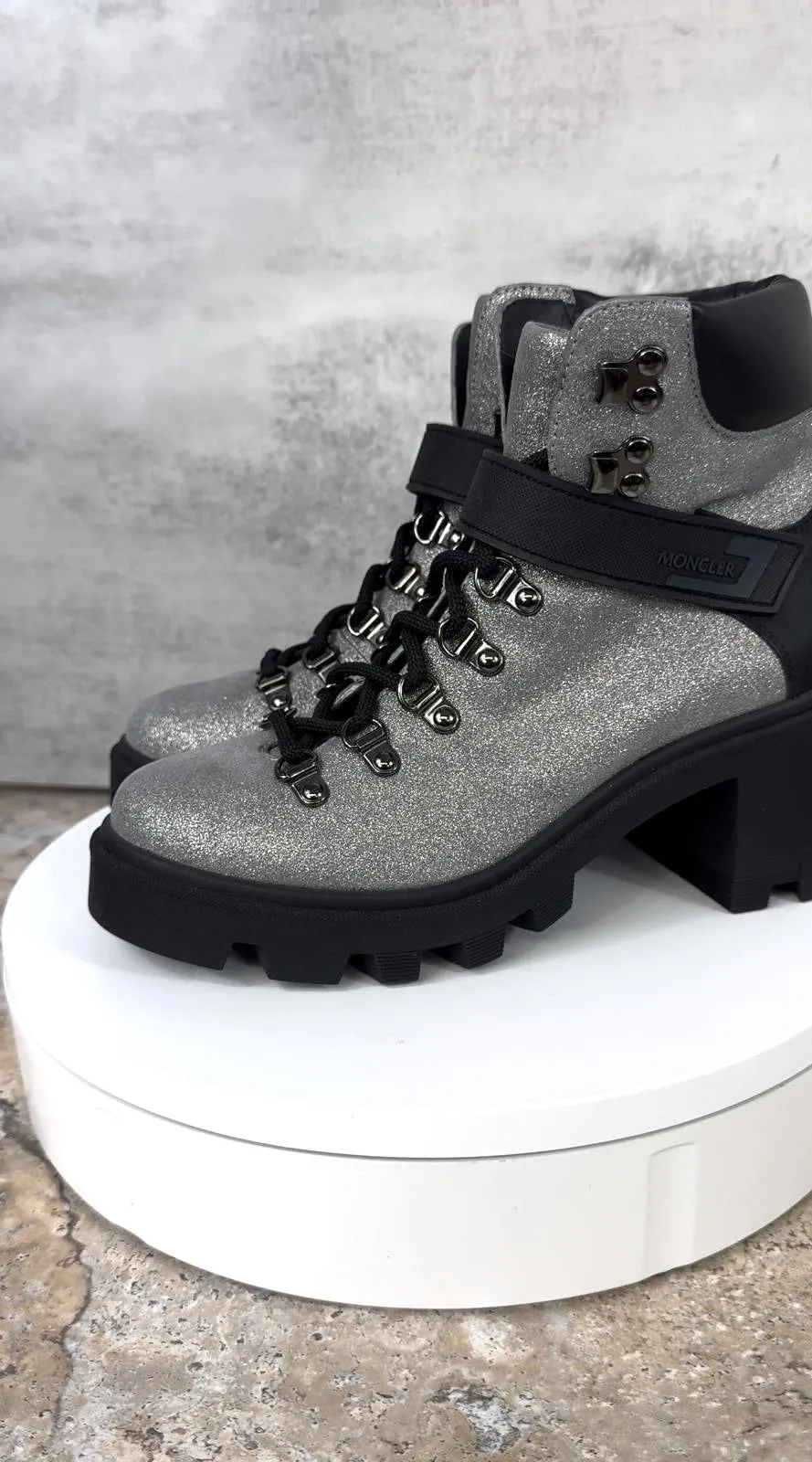 MONCLER CAROL SHIMMERY HEELED HIKING BOOTS