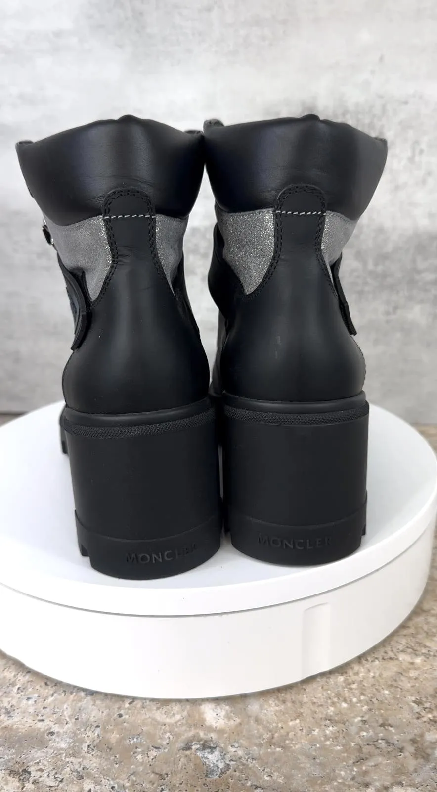MONCLER CAROL SHIMMERY HEELED HIKING BOOTS