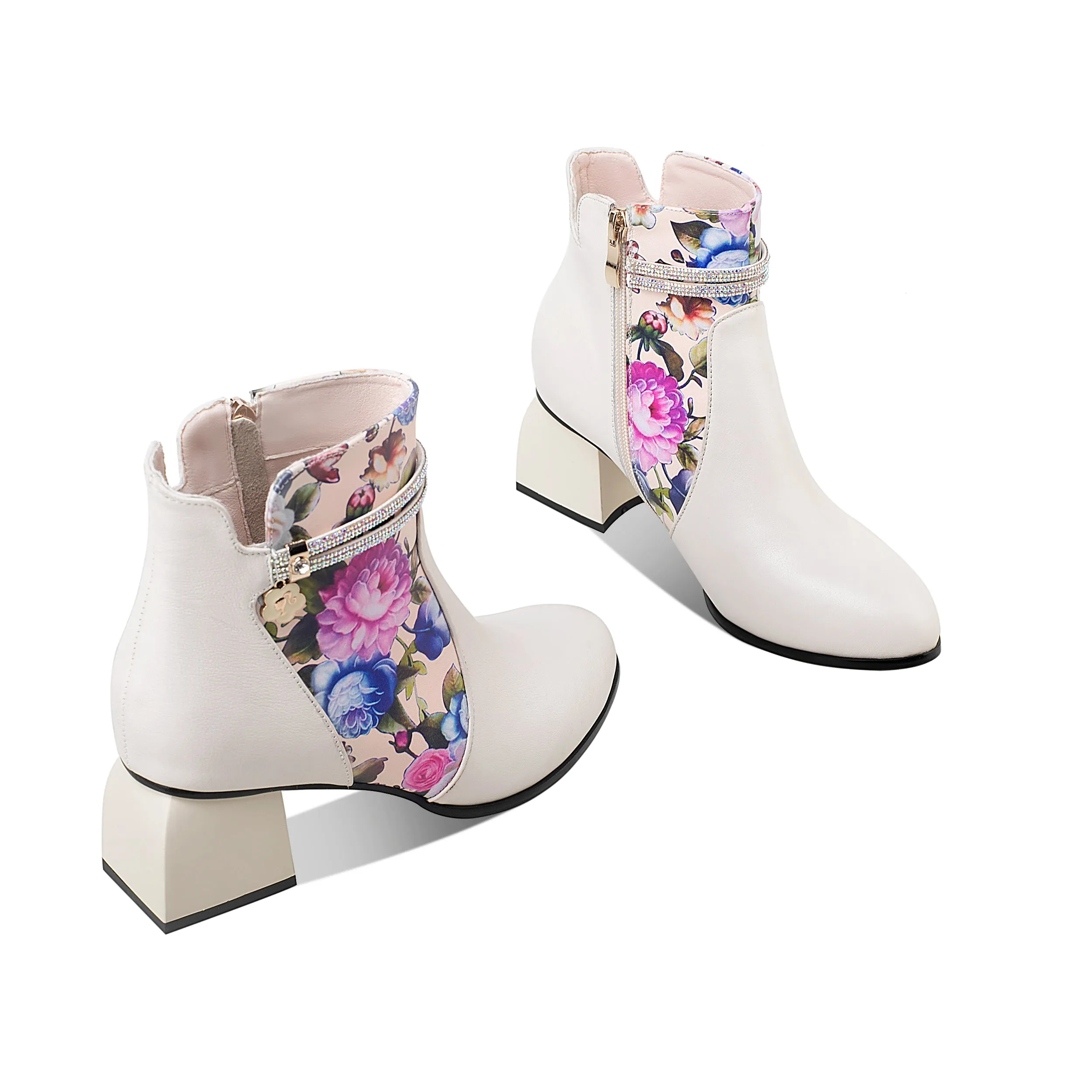 TinaCus Handmade Women's Genuine Leather Ethnic Printed Floral Pointed Toe Mid Chunky Heel Side Zipper Ankle Boots Shoes