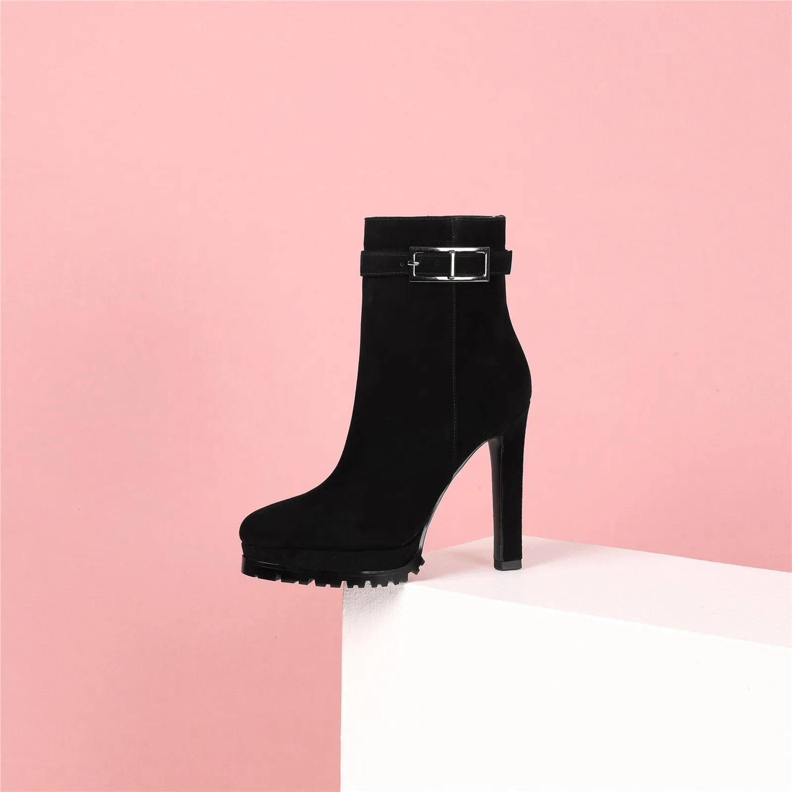 TinaCus Women Suede Genuine Leather Handmade Platform Side Zip Buckle High Stiletto Heel Ankle Boots