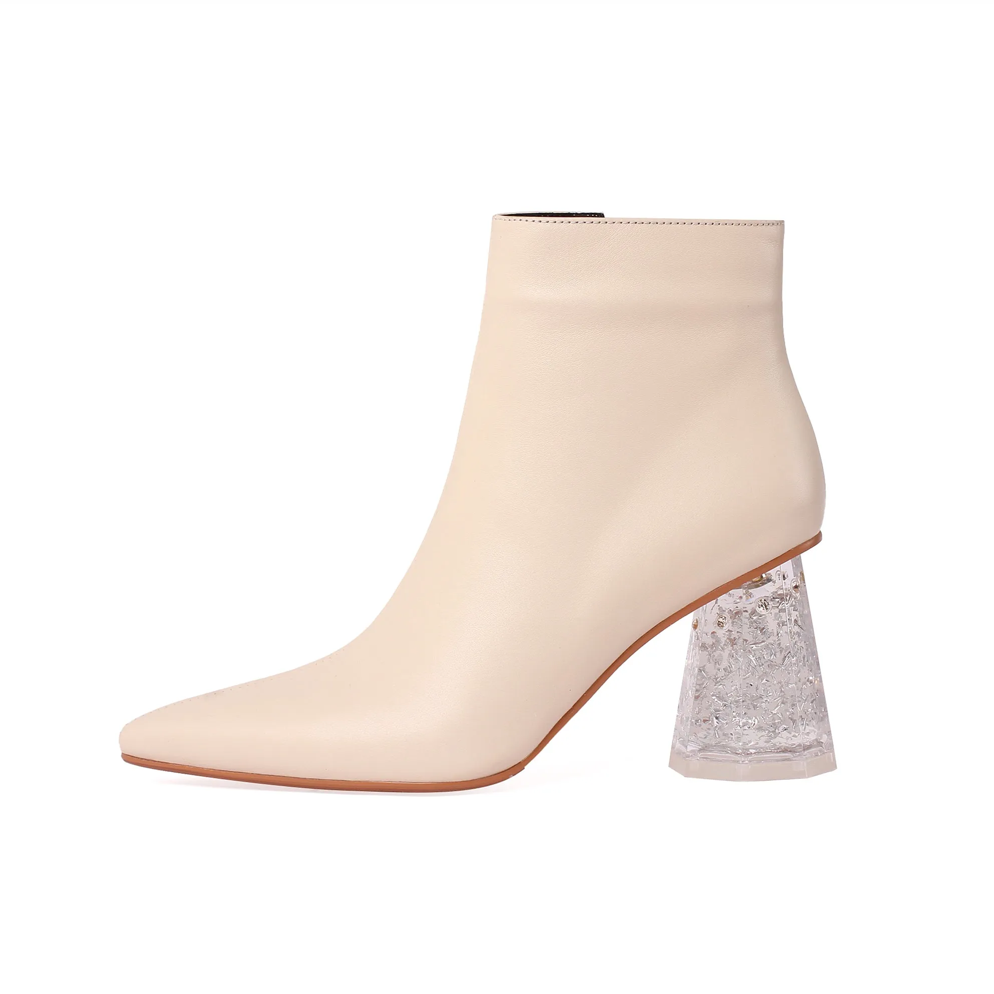 TinaCus Women's Handmade Genuine Leather Pointed Toe Exquisite Transparent High Heel Side Zip Up Modern Ankle Boots