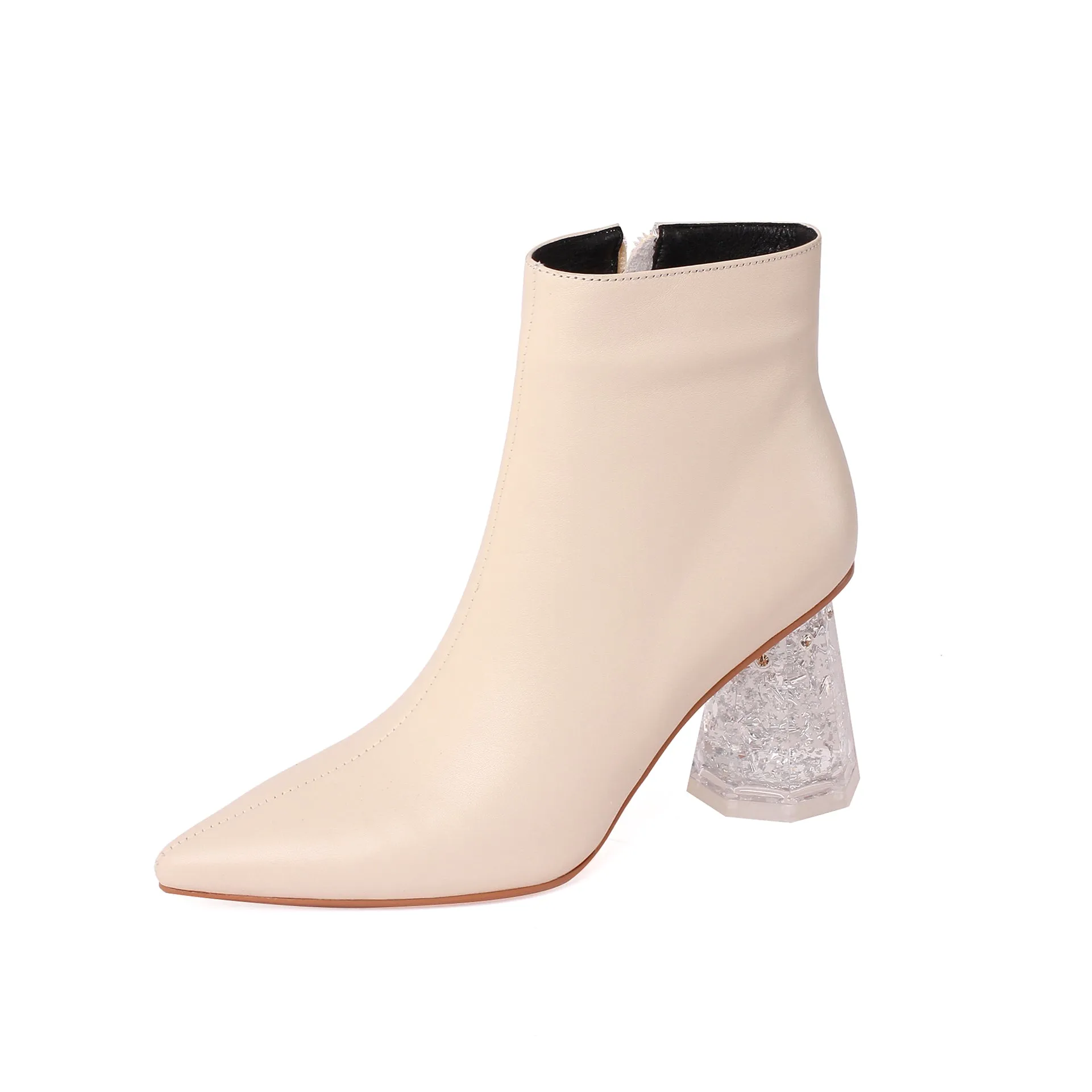 TinaCus Women's Handmade Genuine Leather Pointed Toe Exquisite Transparent High Heel Side Zip Up Modern Ankle Boots