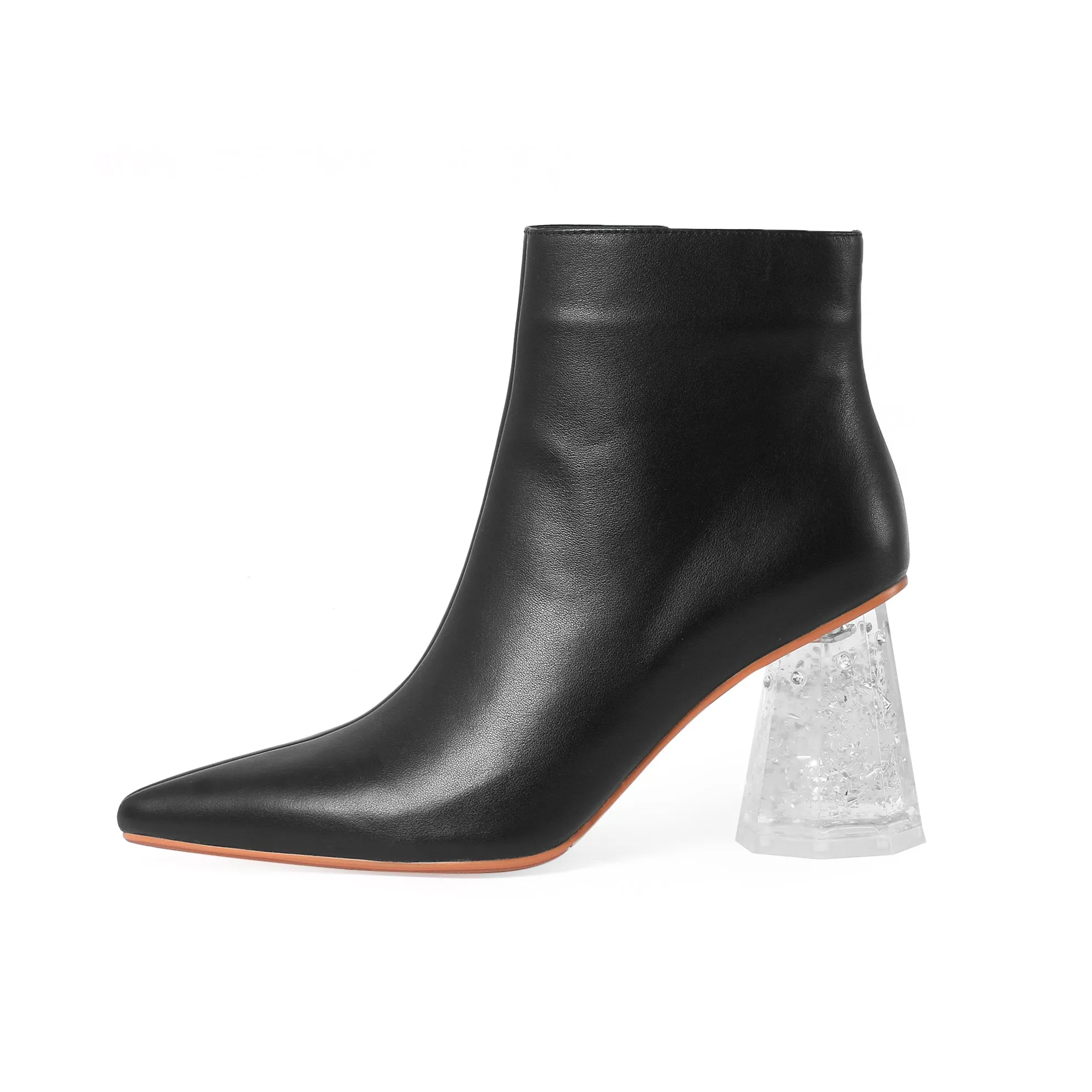 TinaCus Women's Handmade Genuine Leather Pointed Toe Exquisite Transparent High Heel Side Zip Up Modern Ankle Boots
