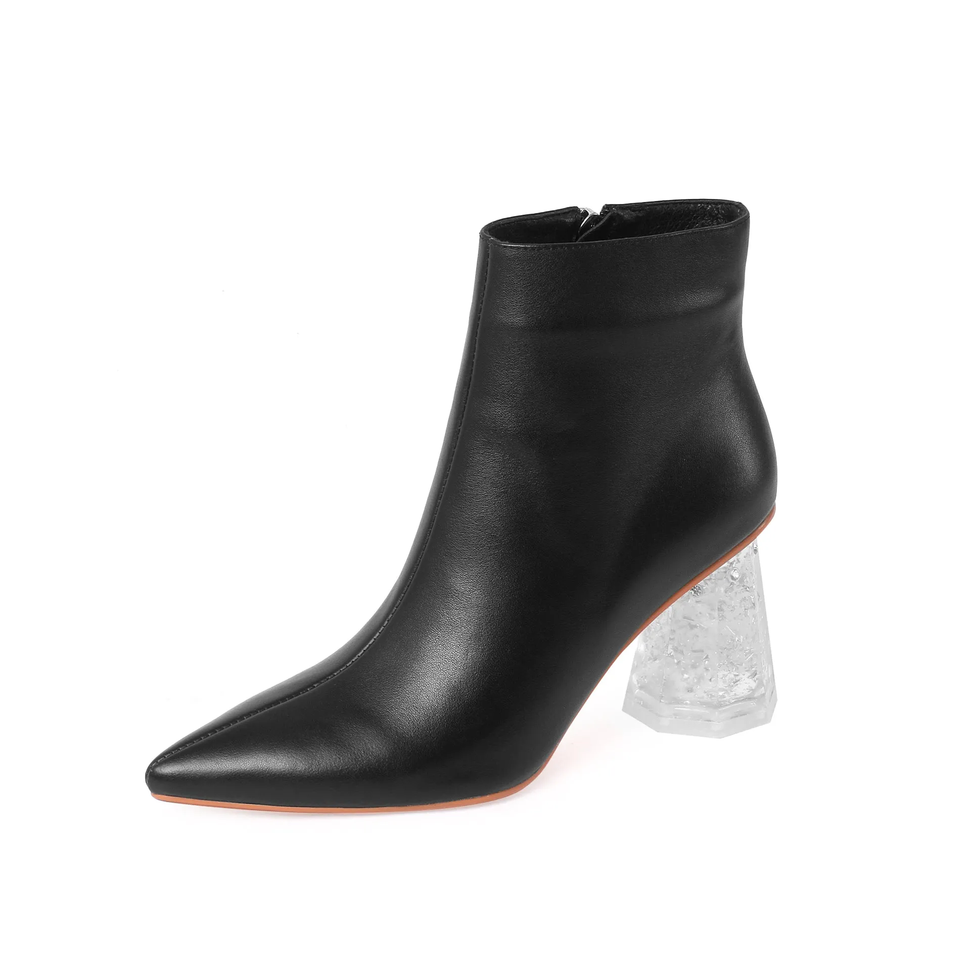 TinaCus Women's Handmade Genuine Leather Pointed Toe Exquisite Transparent High Heel Side Zip Up Modern Ankle Boots